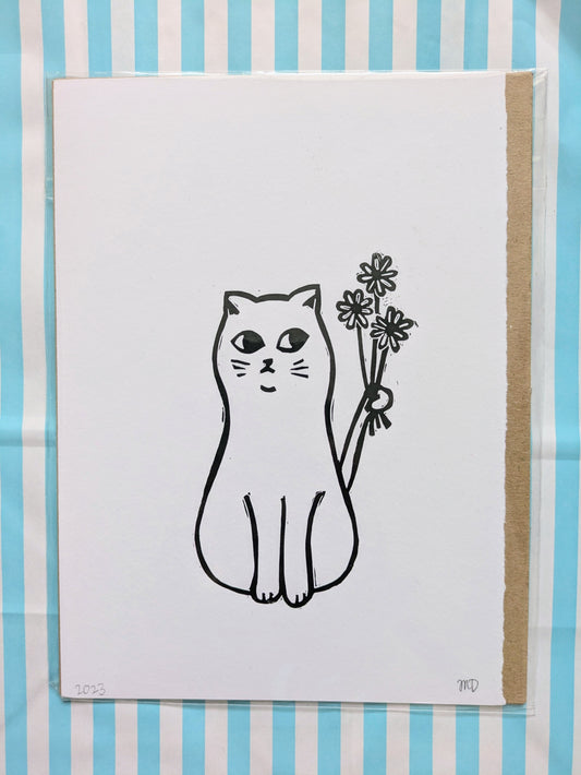 Art print with a cat holding flowers design