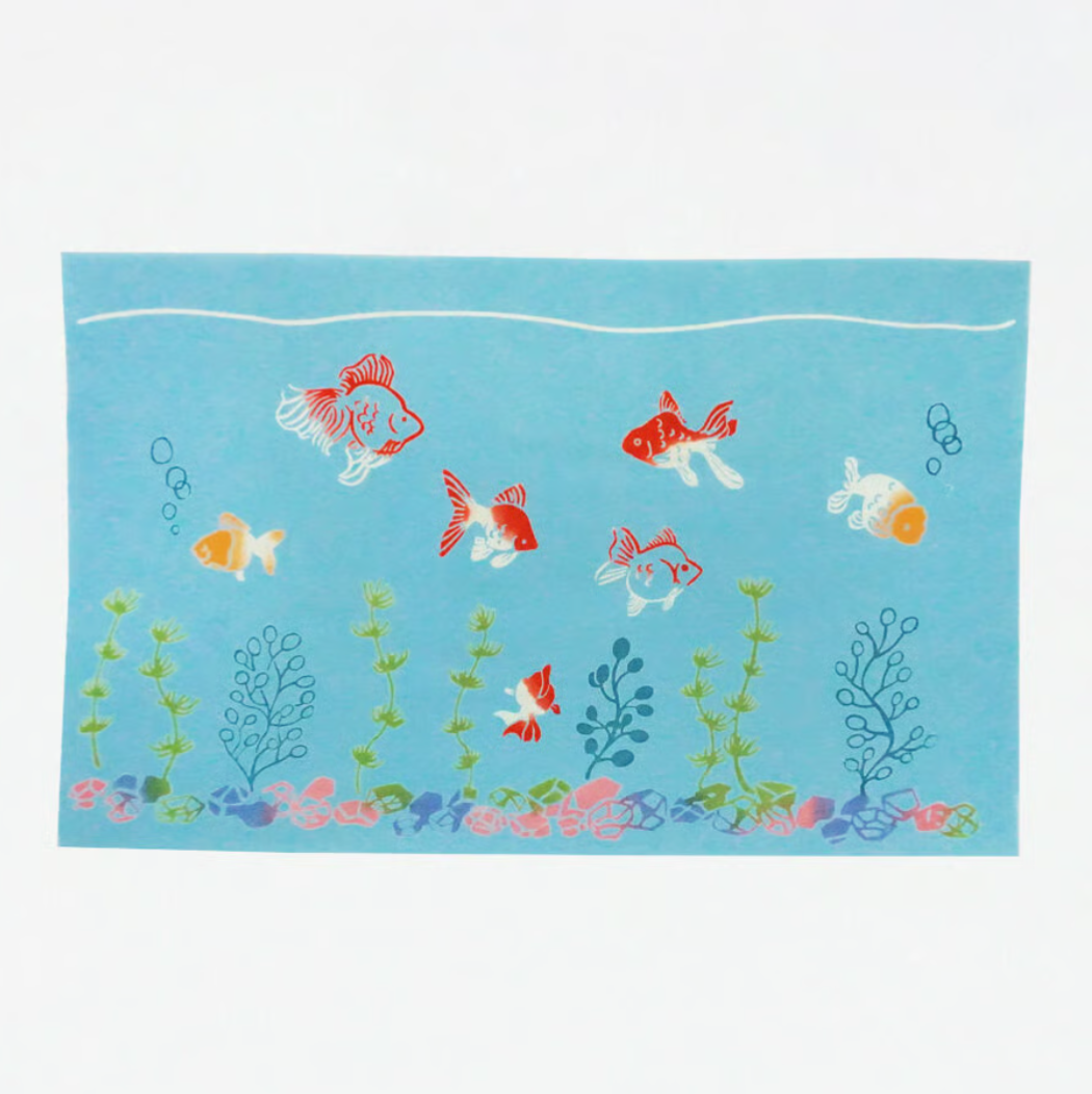 Tenugui cloth with goldfish design on a blue background