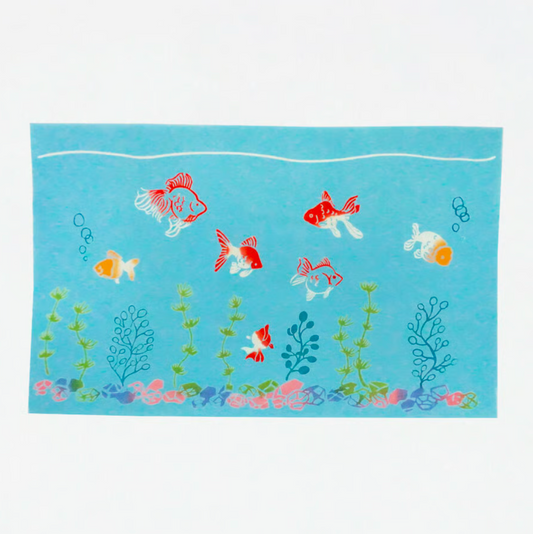 Tenugui cloth with goldfish design on a blue background