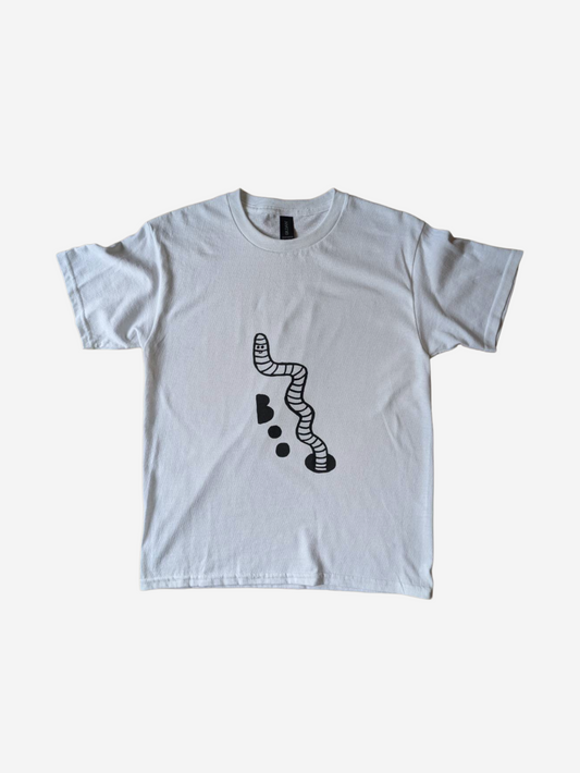 White t-shirt with black worm boo design on a white background