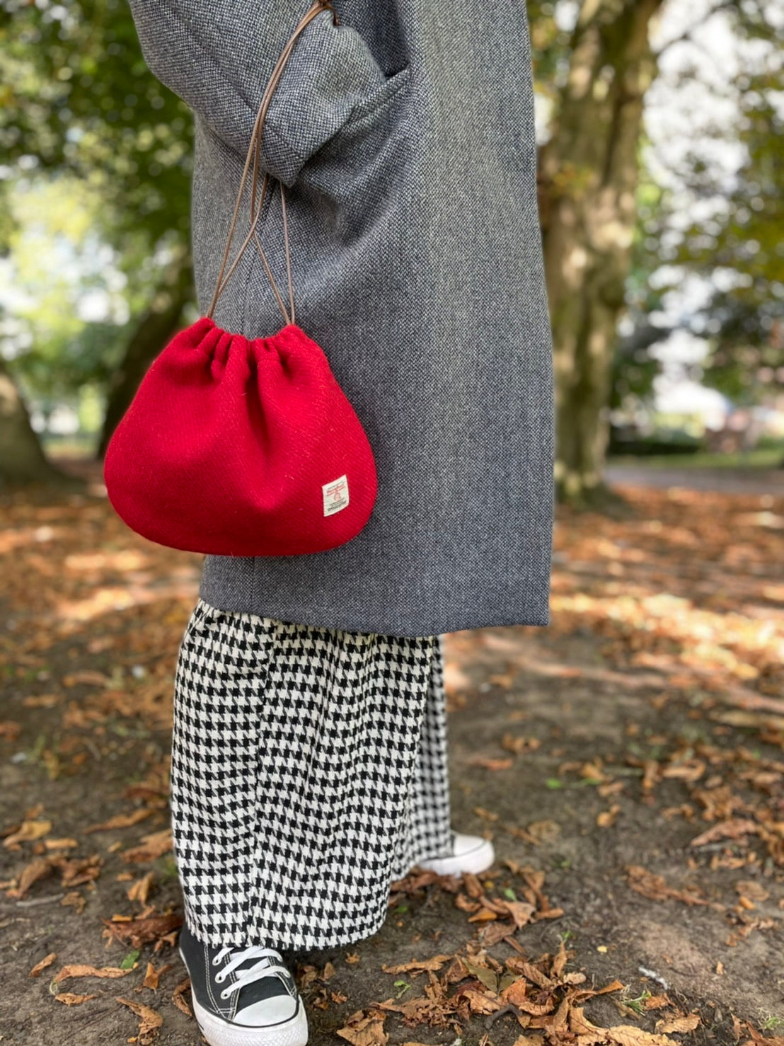Just The Right Size - Harris Tweed handmade bag with a long grey coat