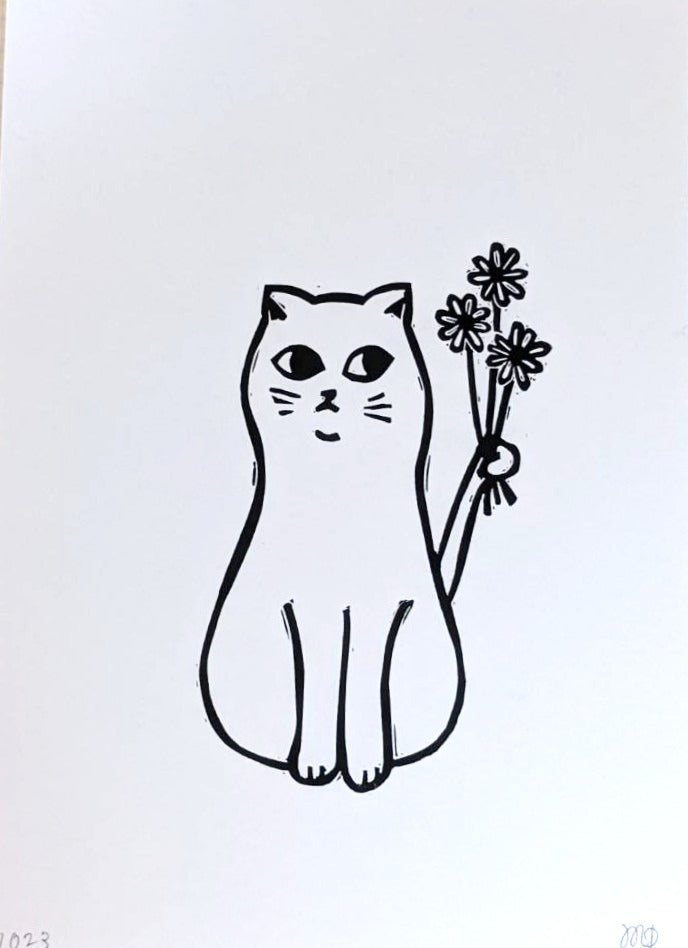 Cat with Flowers Linocut Print image 1