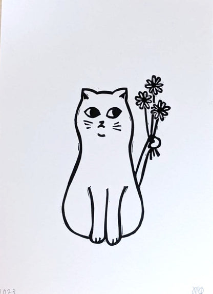 Cat with Flowers Linocut Print image 1