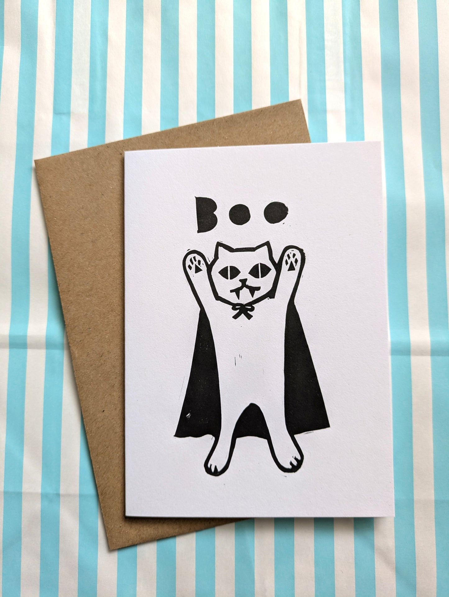 Boo cat card lino cut ptint