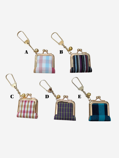 Five mini kiss-lock coin purses with gold-tone hardware, shown in different plaid and striped Ise Momen Japanese fabric patterns. Each purse is labelled with a letter (A through E) on a plain light grey background.