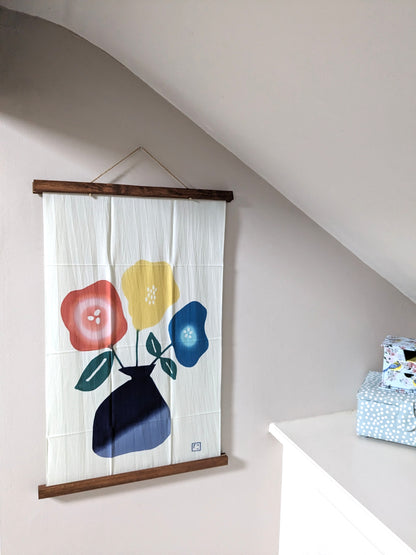 Nijiyura Chusen Tenugui Cloth - Flower Vase tenugui navy on the wall