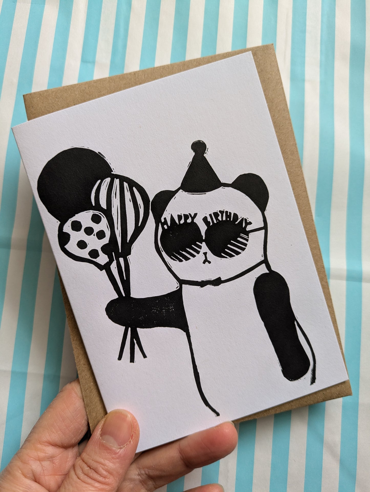 Panda Happy Birthday lino cut