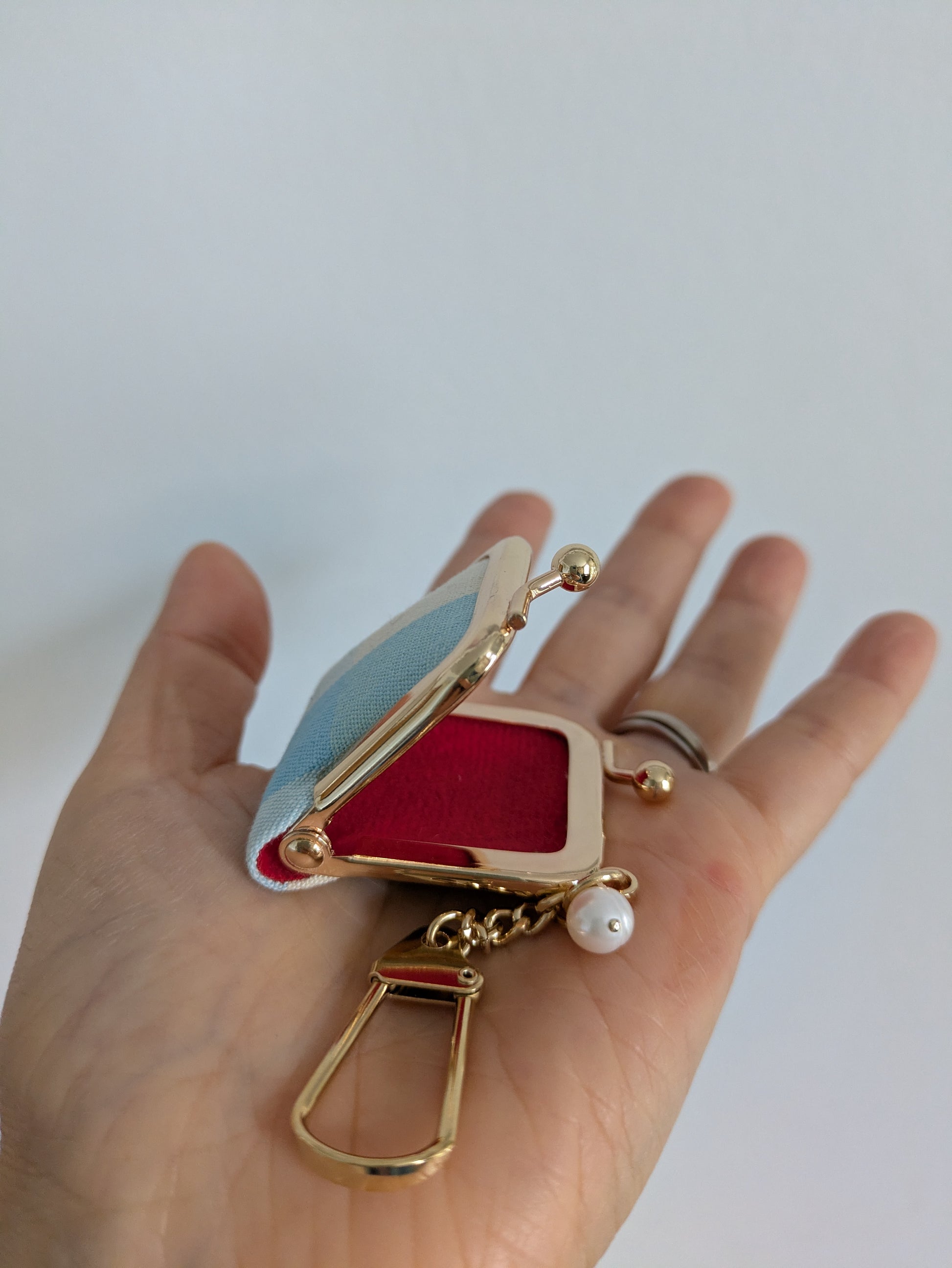Hand holding a small red and gold clutch with a pearl charm against a white background
