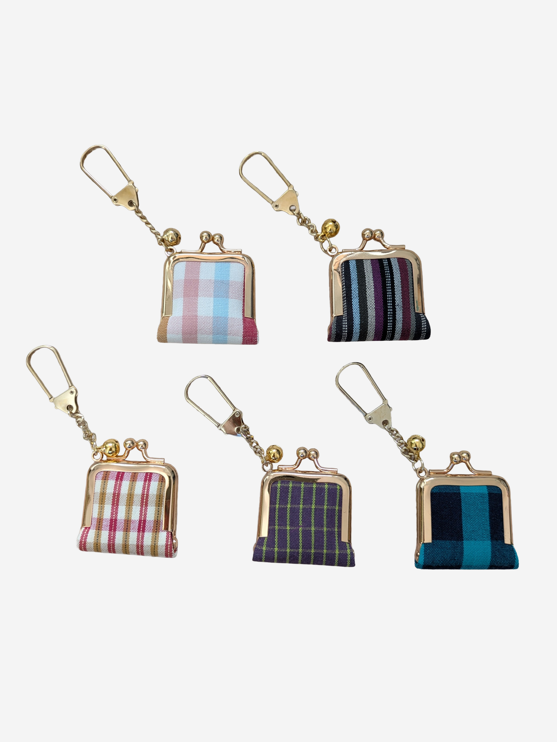 Five mini kiss-lock coin purses with gold-tone hardware, shown in different plaid and striped Ise Momen fabric patterns. Each purse is labeled with a letter (A through E) on a plain light grey background.