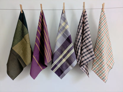 Five plaid towels hanging on a line against a white wall