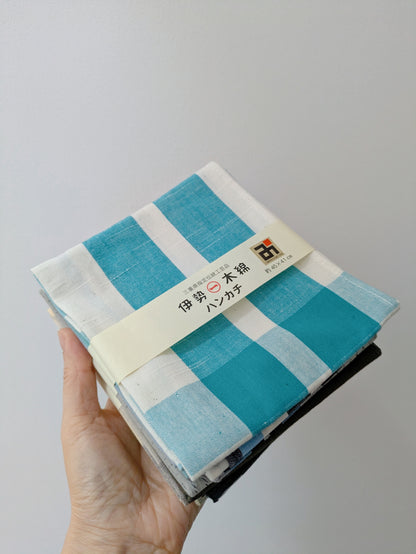 Stack of blue and white checkered handkerchiefs held by a hand against a plain background