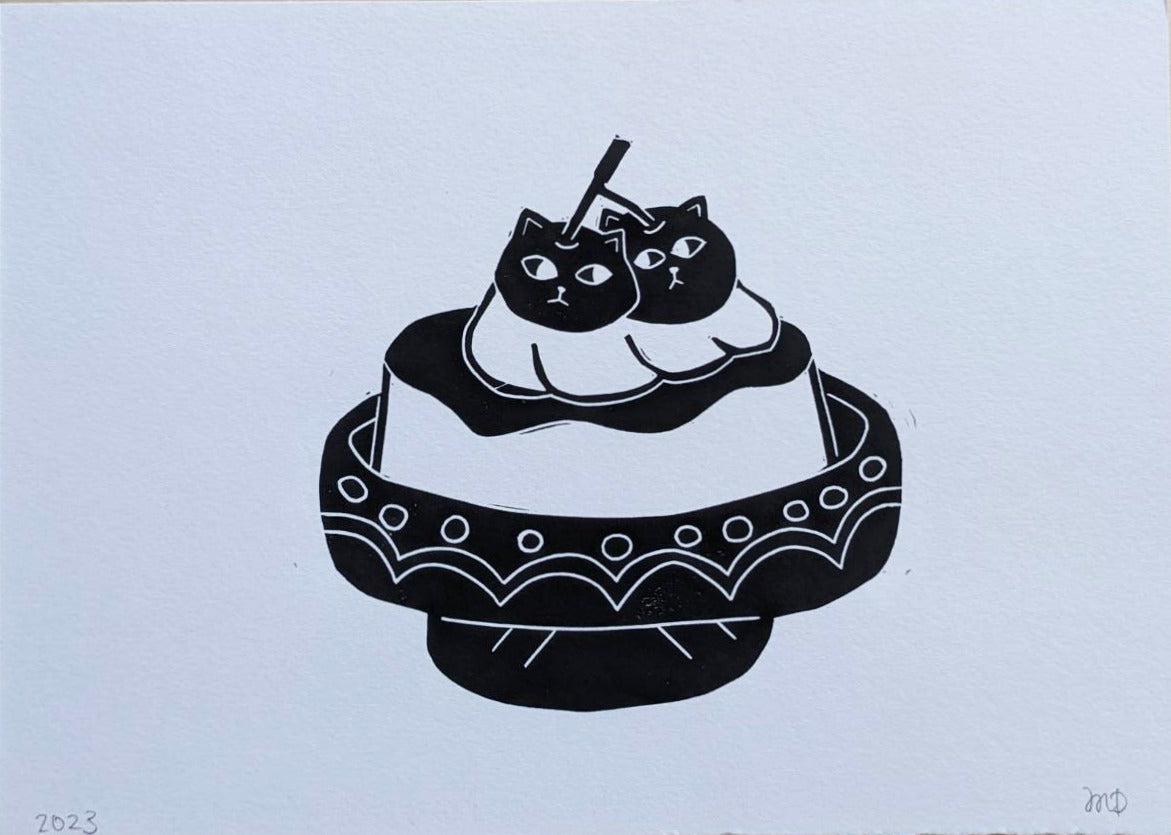 Cat Retro Purin Linocut Print 