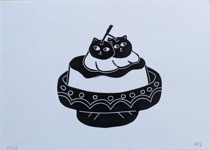 Cat Retro Purin Linocut Print 