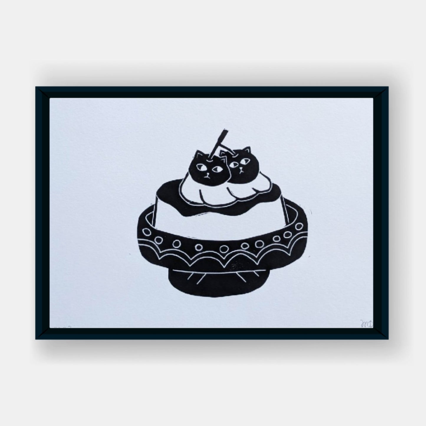 Cat Retro Purin Linocut Print 