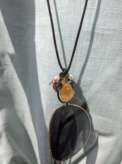 Sunglasses or Reading glasses Necklace with natural stones on a linen shirt