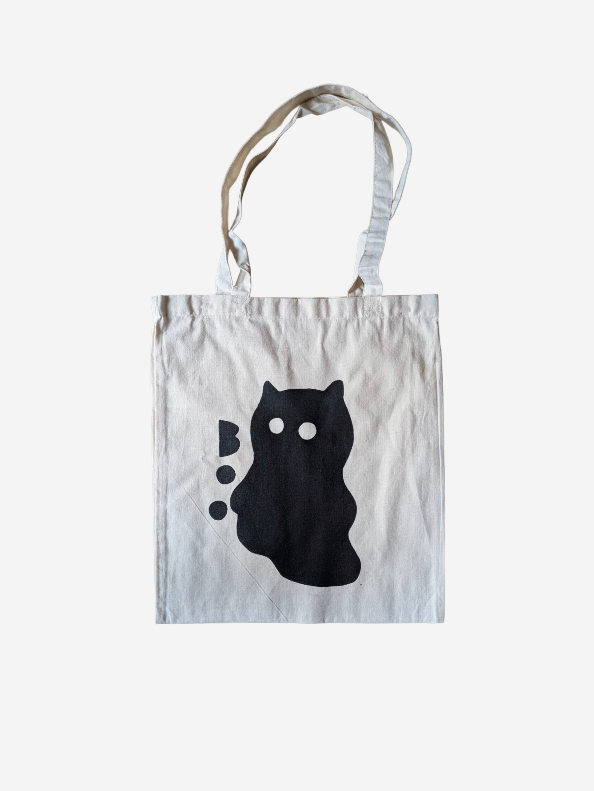 ghost cat screen printed on a white life of bag