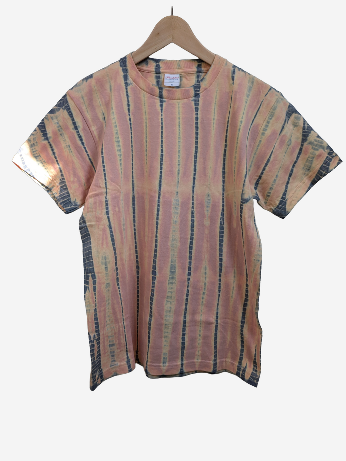 short-sleeve top in a dusty peach-pink colour with vertical grey and beige tie-dye stripes, hand-dyed in Kyoto, Japan.